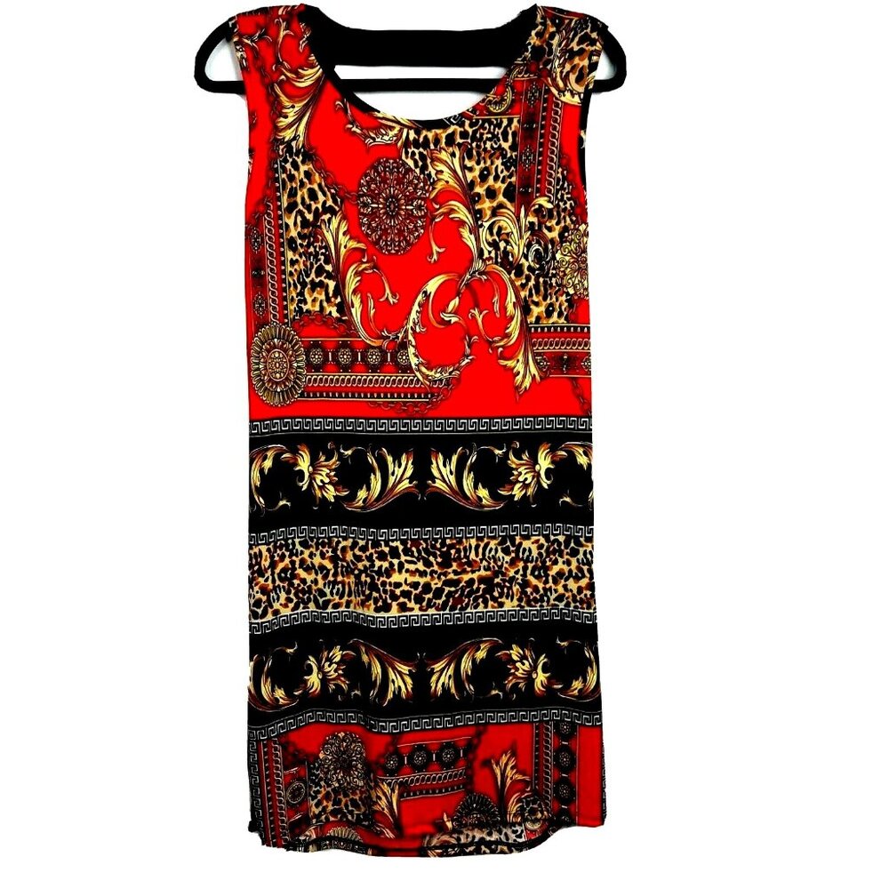 Red Sheath Dress XL Criss Cross Low Back Scroll Leopard Resortwear Sleeveless